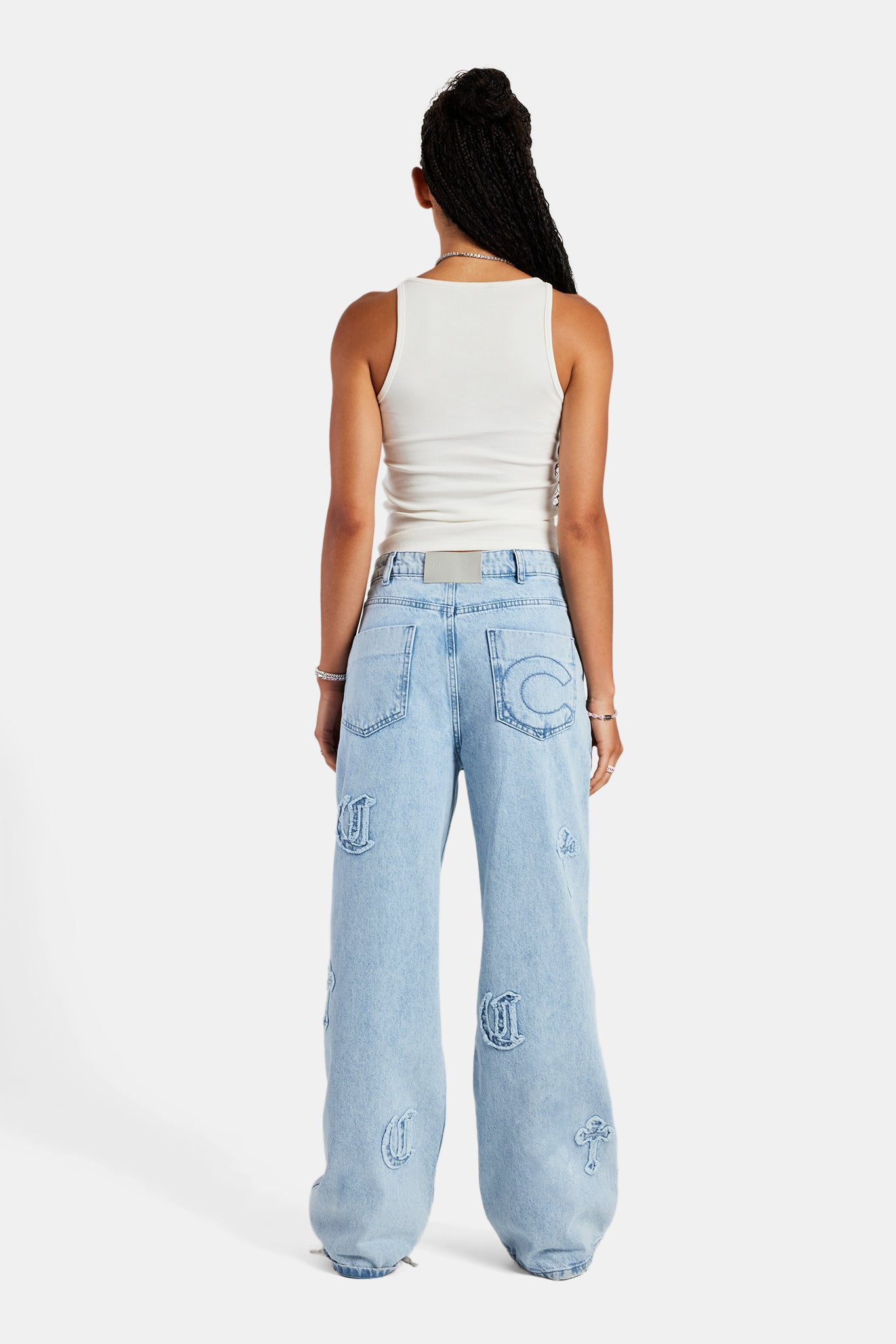 Ladies Raw Edge Applique Cross Baggy Jean - Ice Blue | Womens