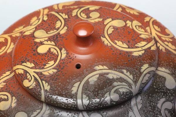 間野舜園 燻朱泥唐草紋急須 常滑焼 彫急須 満容量290ml 高級煎茶急須