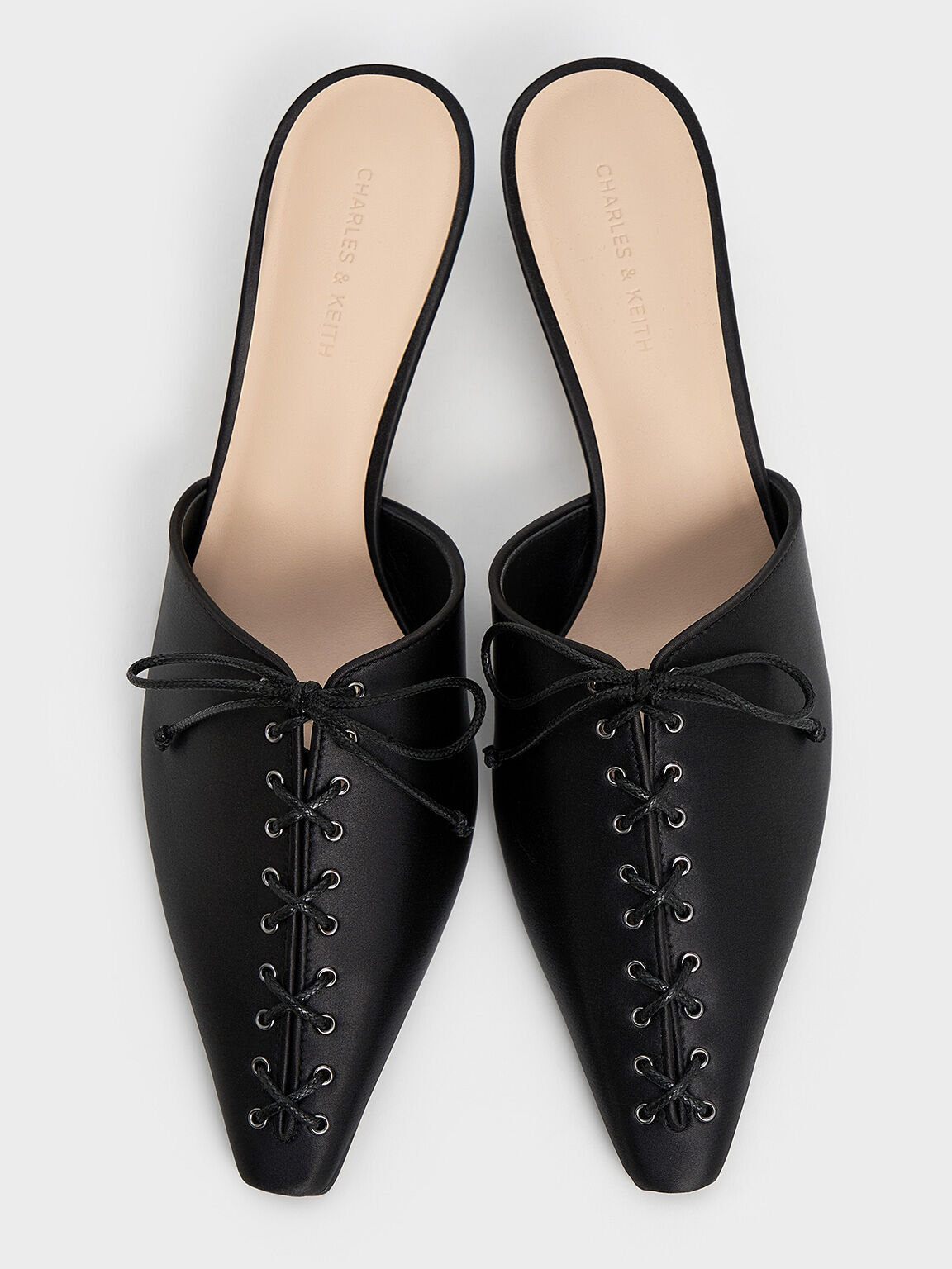 Black Textured Satin Lace-Up Pointed-Toe Kitten-Heel Mules - Black