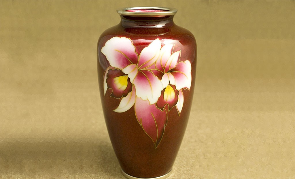 七宝焼 花瓶 6寸並形赤透け カトレア - CRAFTS DESIGN