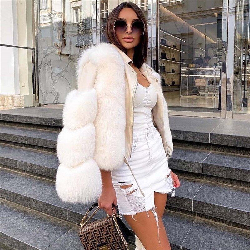 Real Fox Fur with Genuine Sheepskin Leather Jacket Coat Riders