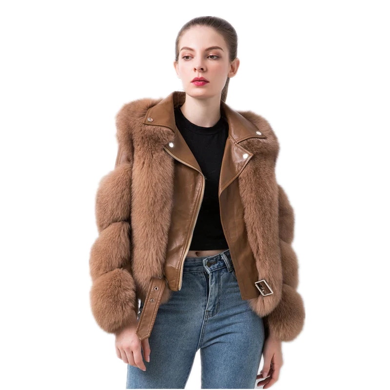 Real Fox Fur with Genuine Sheepskin Leather Jacket Coat Riders