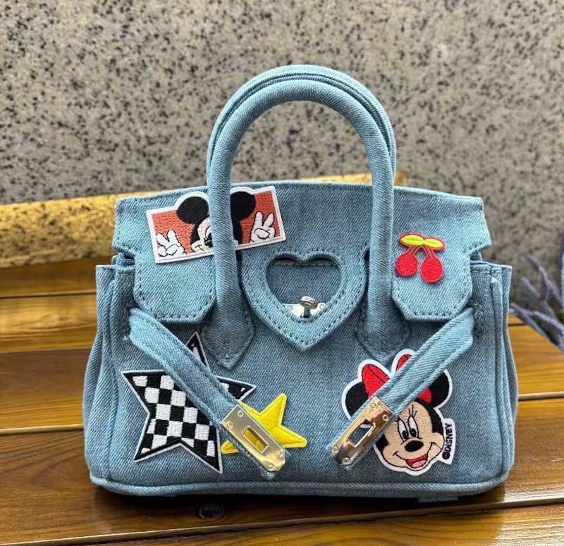 Unisex Mickey x DISNEY Washed Denim Mickey Birkin Tote Shoulder