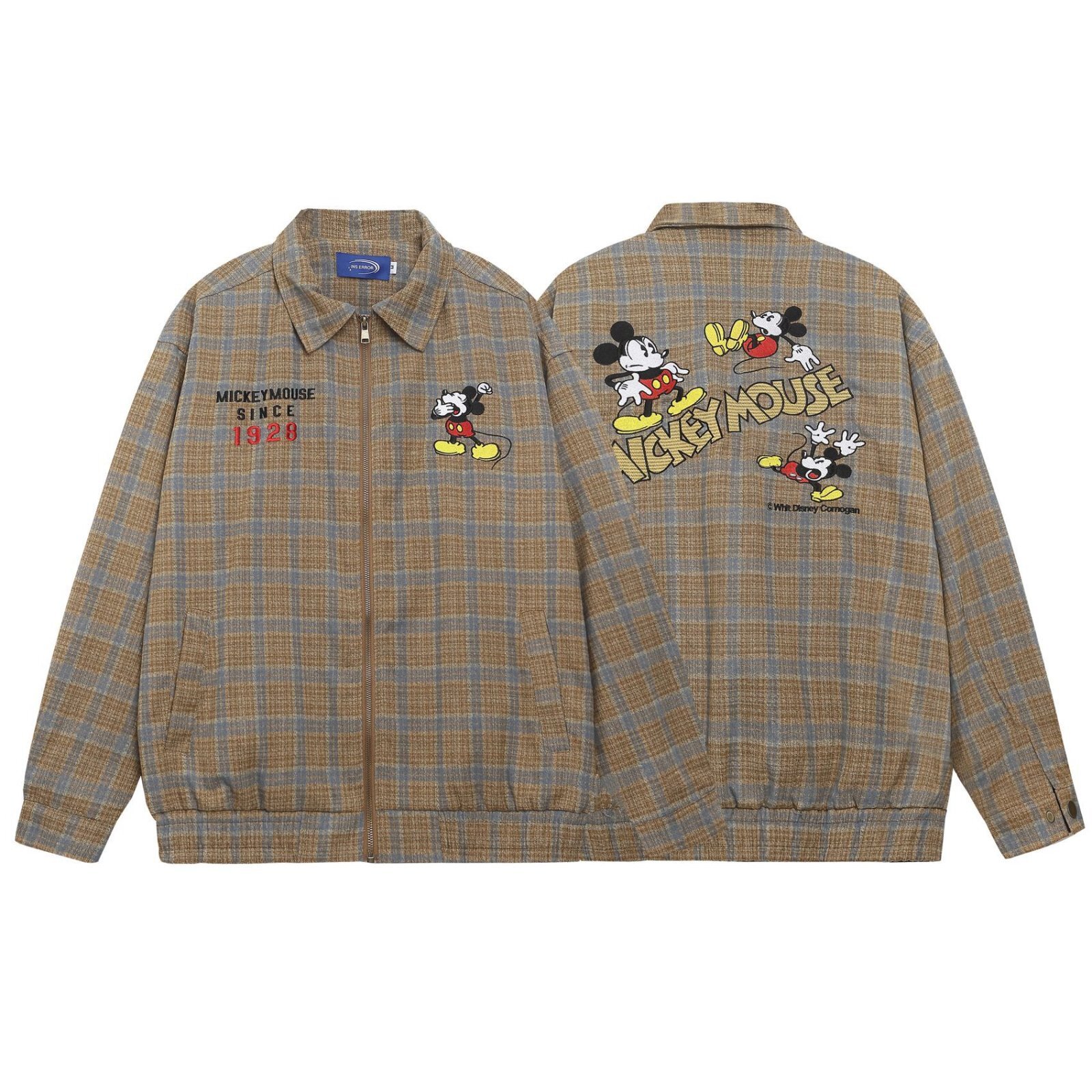 Unisex Mickey Mouse embroidered check pattern zip-up jacket