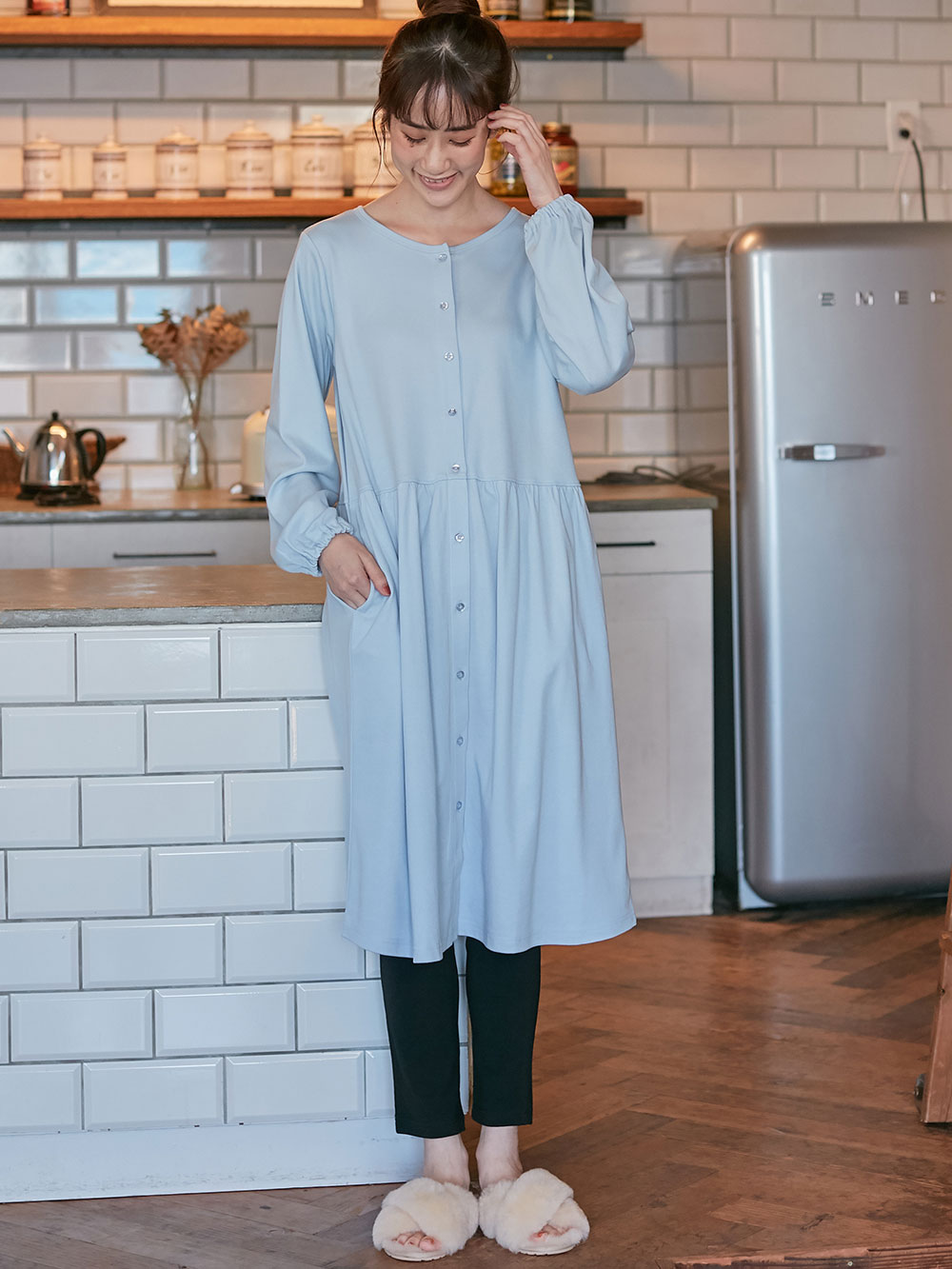 綿混やわらかスムース前開きワンピース×産後も使えるレギンスパジャマ