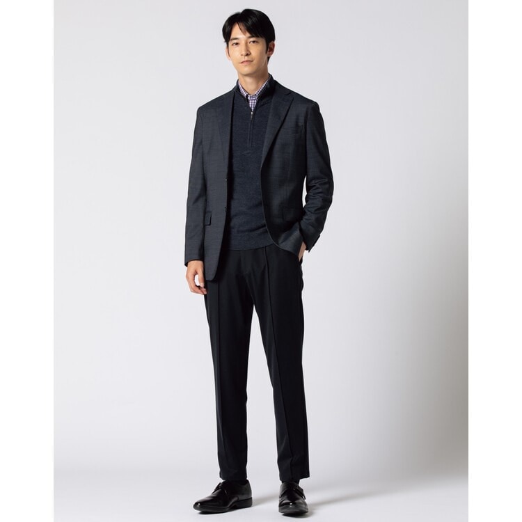洗える ウールブレンドジャケット 紺カルゼ LES MUES スリム セット