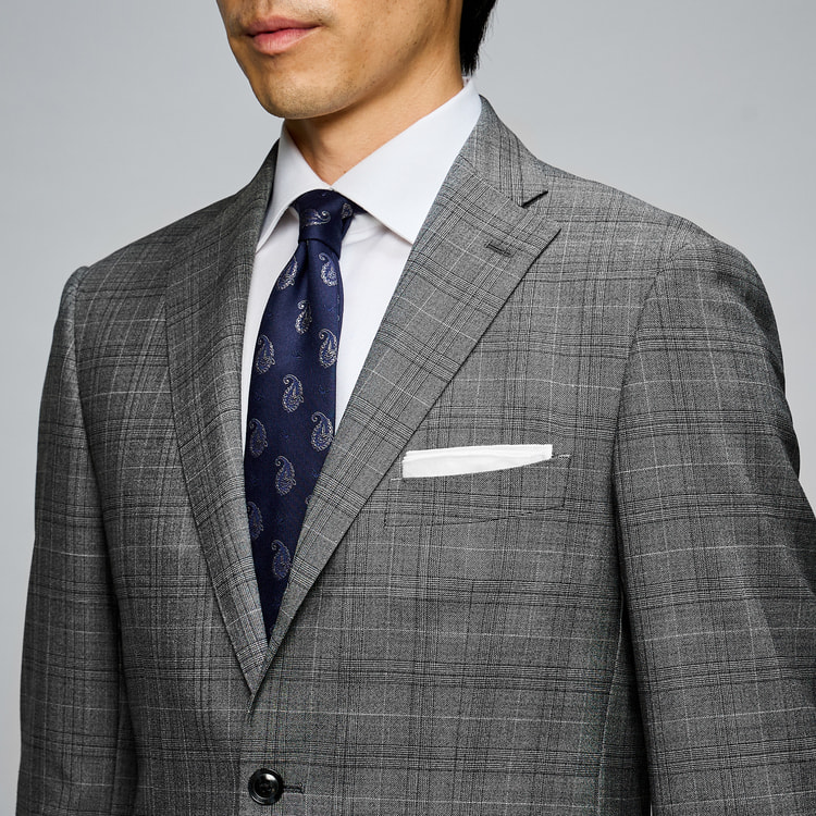 上質ストレッチスーツ 段返り3つボタン ライトグレーグレンチェック