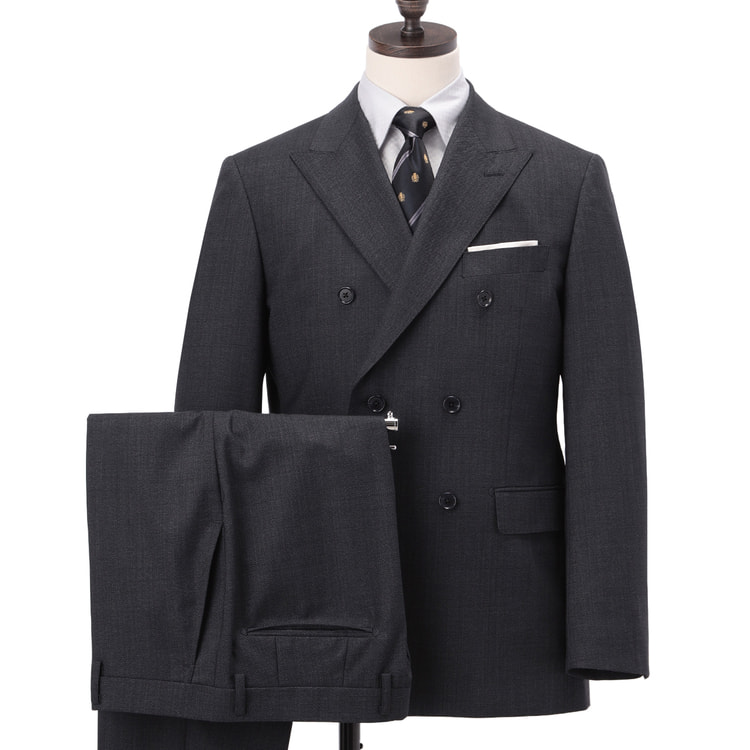 ストレッチ ウールブレンド ダブルスーツ 紺 織柄無地 LES MUES ブリテ