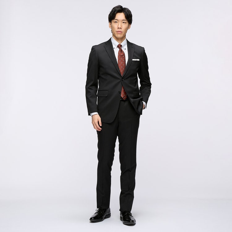 洗えるウールブレンド 2パンツスーツ 黒ストライプ LES MUES