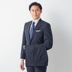 洗える ストレッチ サステナブル 2パンツスーツ 紺 織柄ストライプ