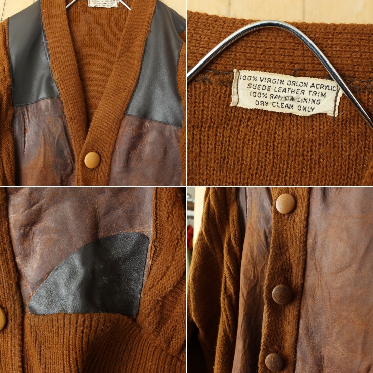 60s 70s USA スウェードレザー アクリルニット カーディガン ブラウン