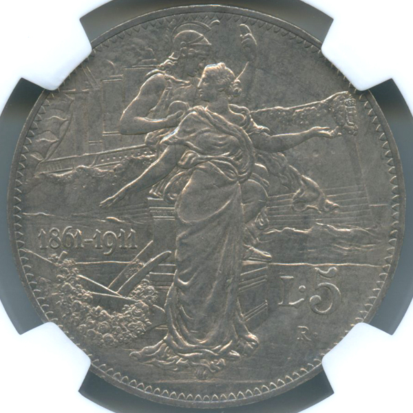 イタリア 王国建国50周年記念 1911年 5リレ 銀貨 NGC MS64 | ARK