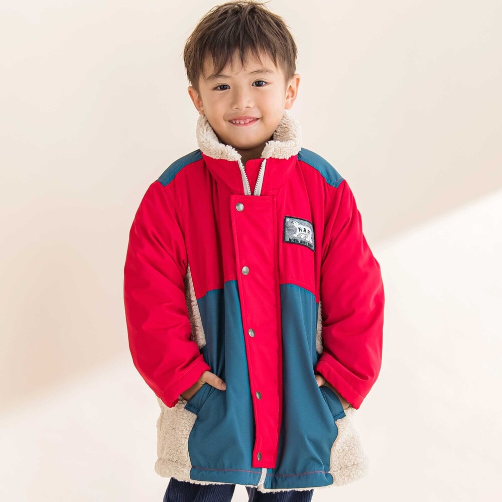 タフタxボア異素材配色マウンテンパーカー(90~130cm)(90cm レッド系