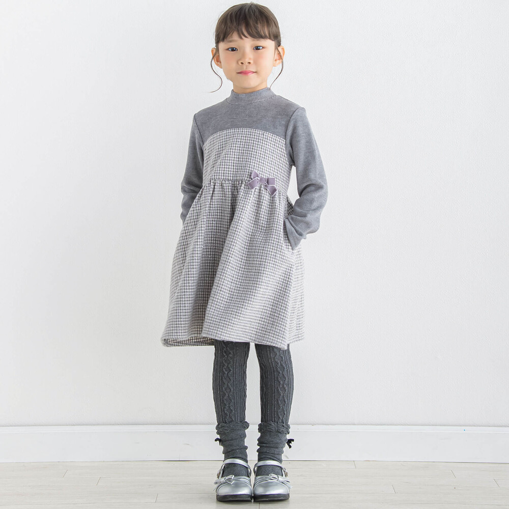 お揃い】ラメ千鳥格子ドッキングワンピース(90~150cm)(90cm グレー系