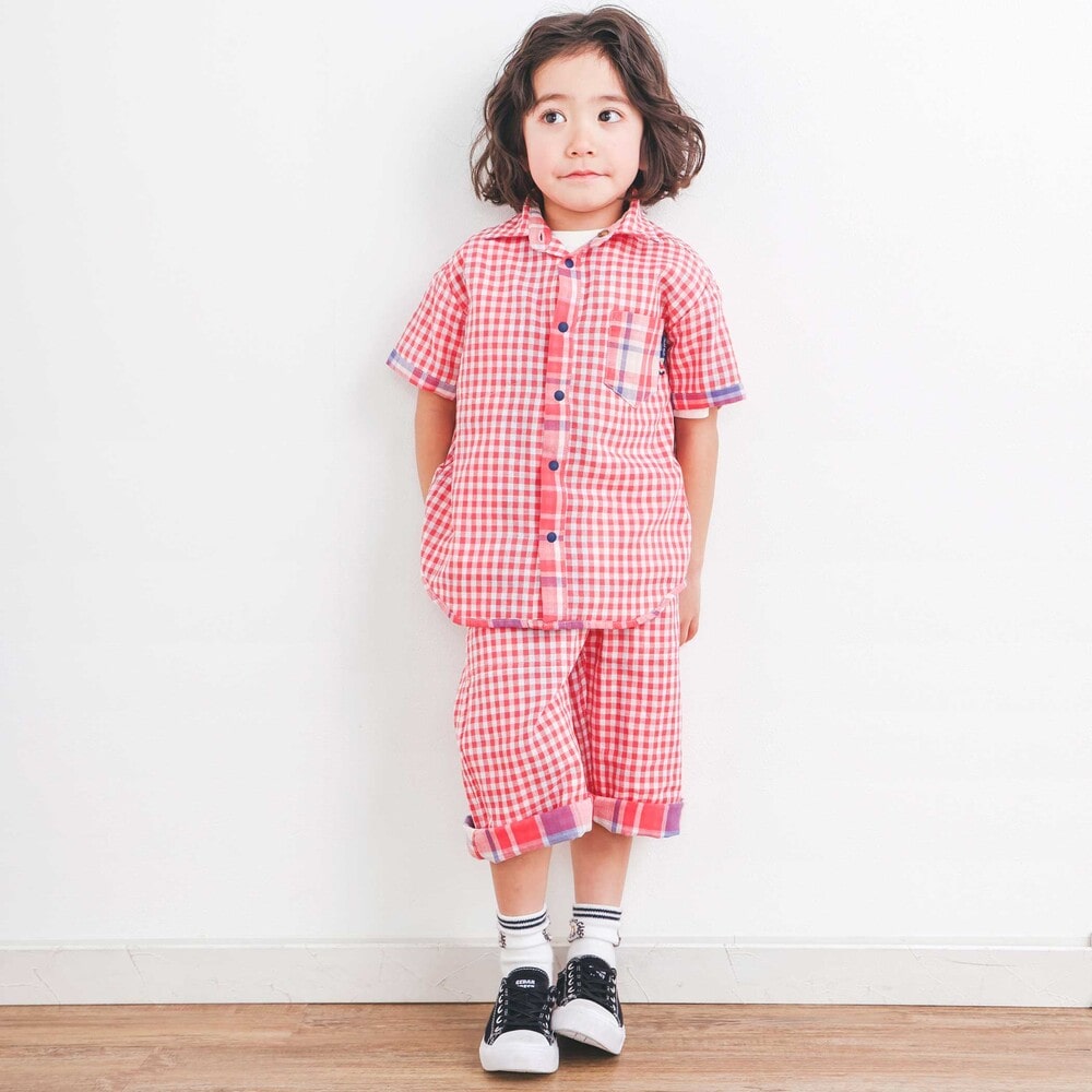 お揃い】ポケット付きダブルガーゼリバーシブル半袖チェックシャツ(80