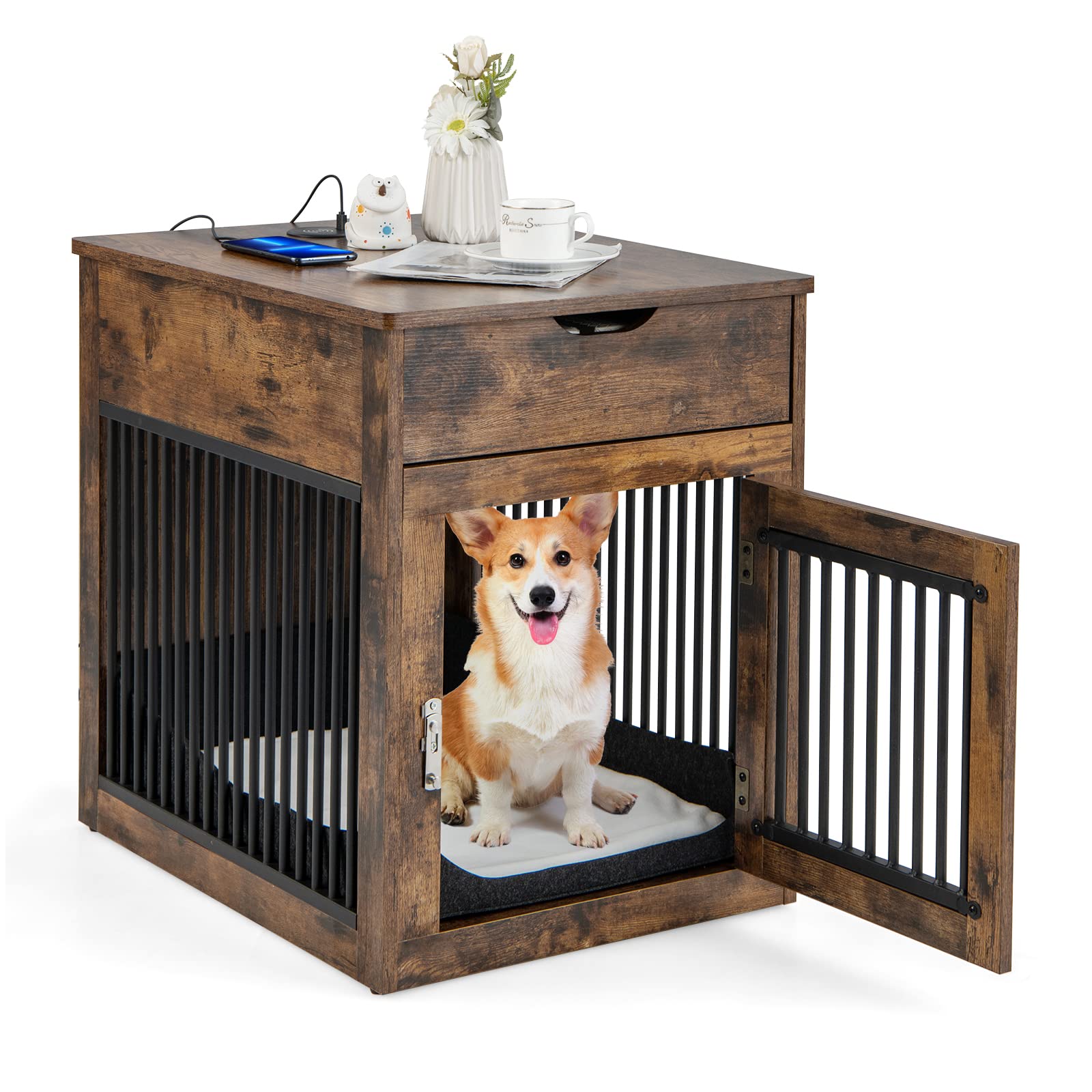 Giantex Dog Crate Furniture, Dog Kennel End Table with Chew-Proof