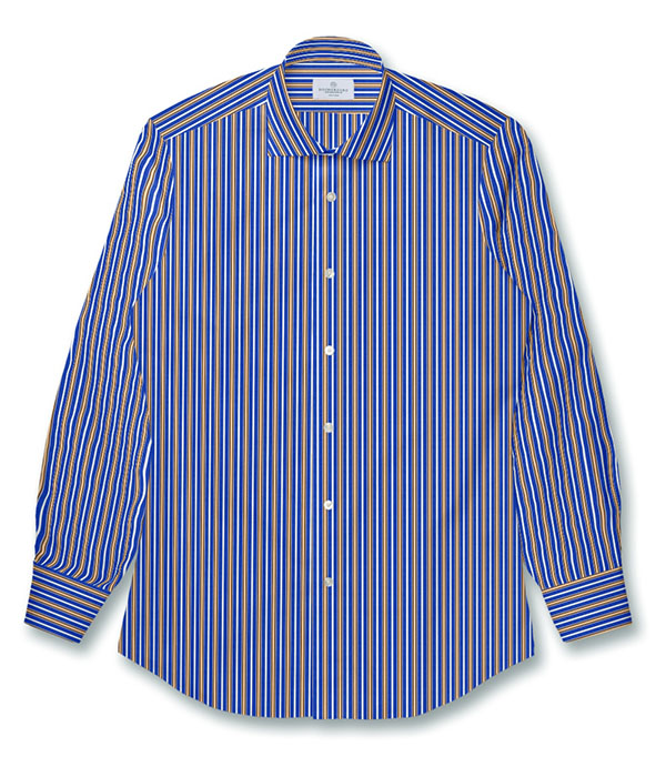 THOMAS MASON】ブルー×ブラウン ブロード ストライプ ドレスシャツ