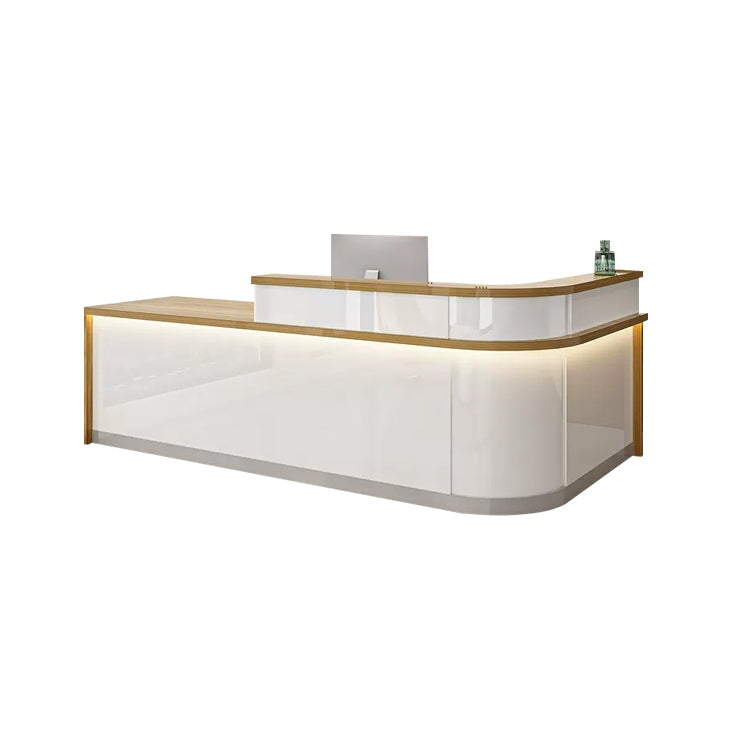 シンプルモダンな受付カウンター｜L字型デザイン｜エコ板材｜広々