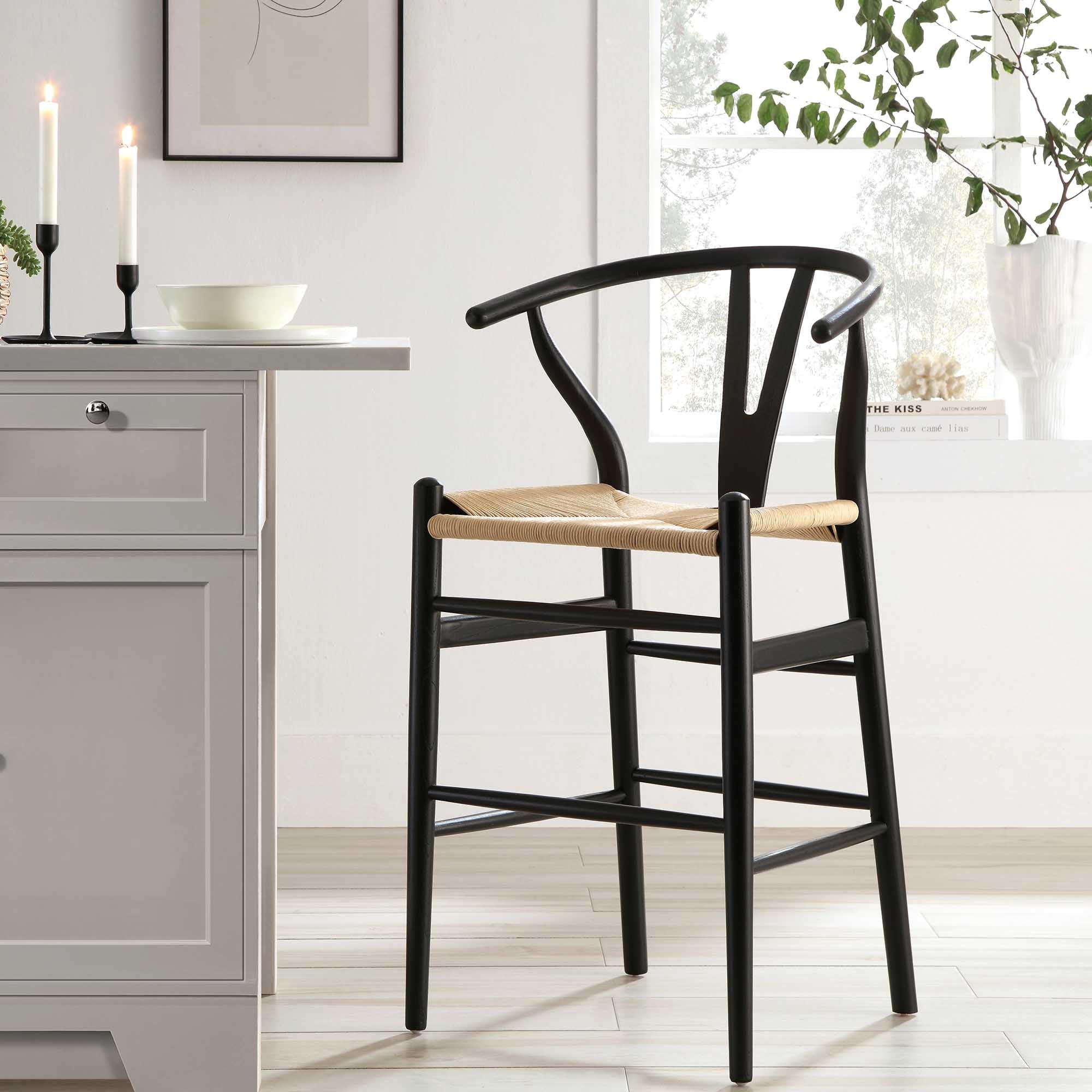 Hansel Wooden Natural Weave Wishbone Counter Stool, Black Frame