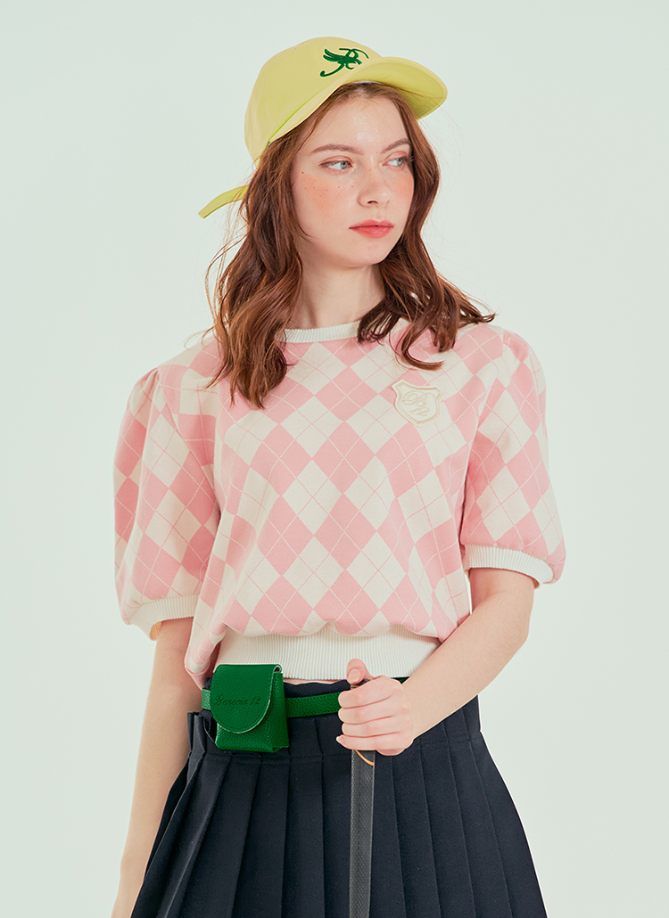 アーガイルチェックワッペン半袖ニット(ピンク) | レディース