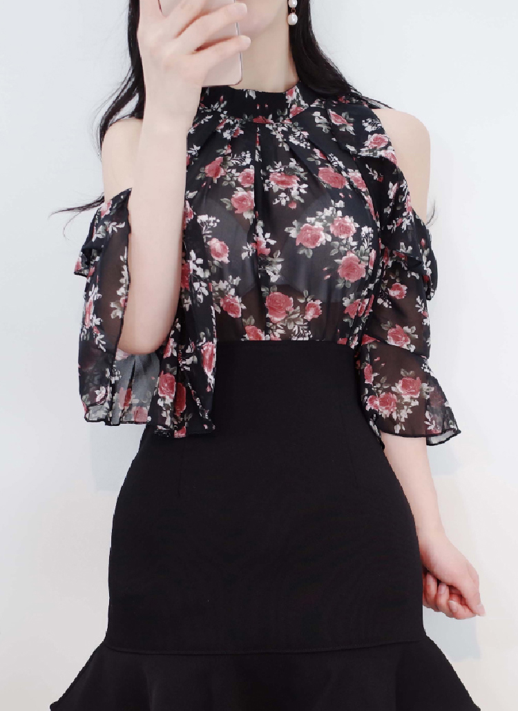 ショルダーオープン花柄フリルブラウス | レディースファッション通販