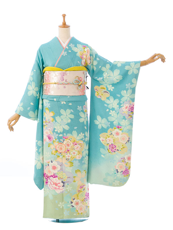 振袖|水色系|桜 牡丹 |5S478|対応身長:150-160cm|ｻｲｽﾞ:13号-17号｜全国
