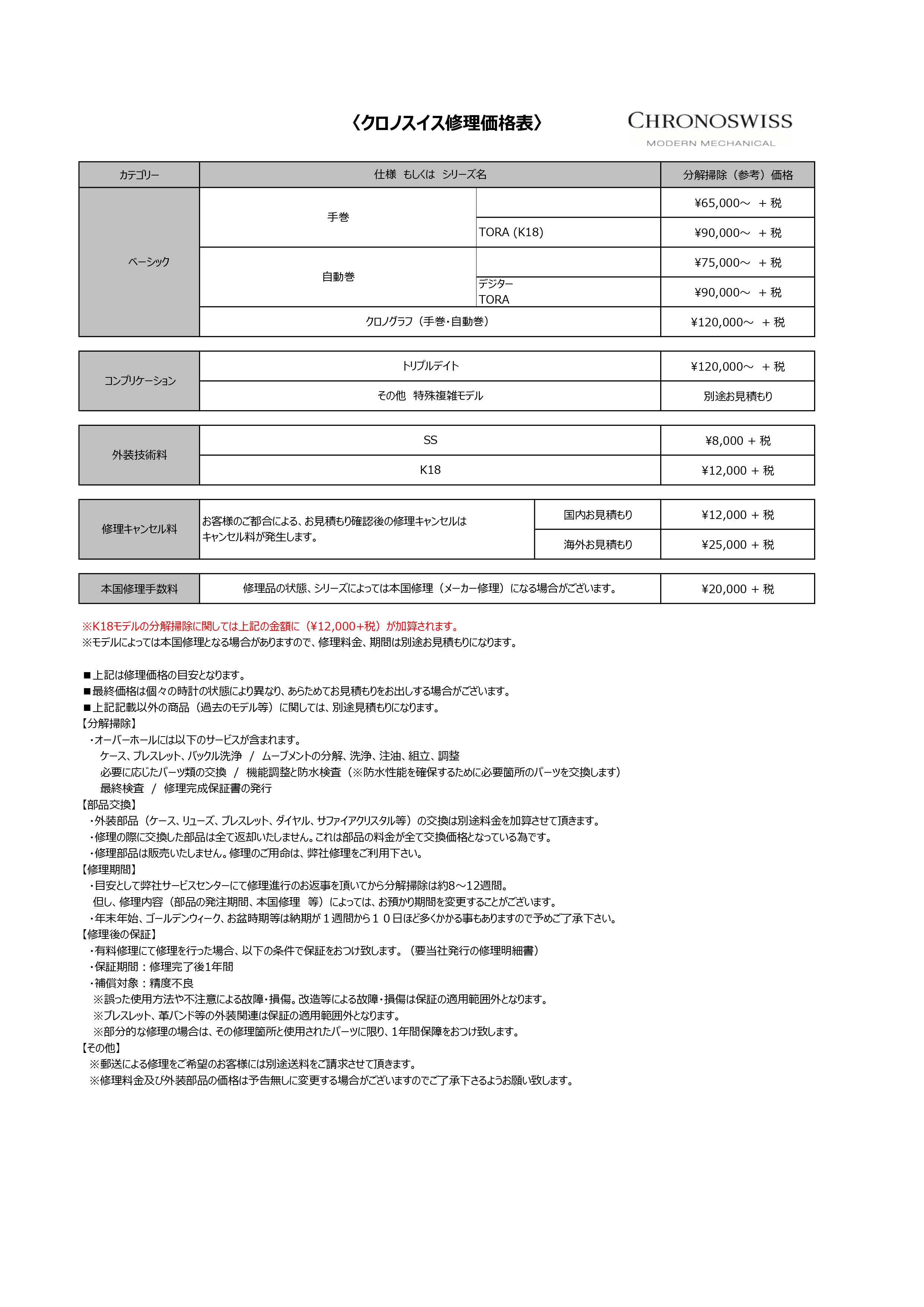 修理価格表｜クロノスイス｜取扱ブランド|栄光時計株式会社