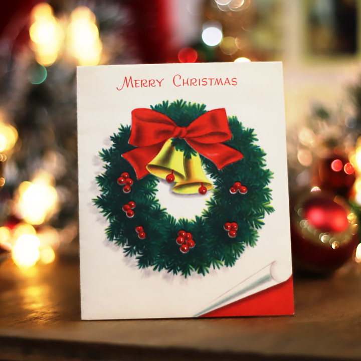USAヴィンテージ1950年代クリスマスカードもみの木のリースとジングル