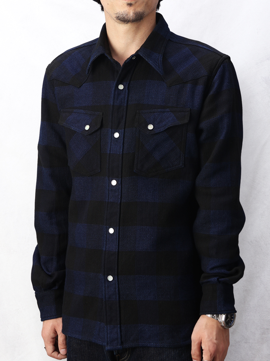 インディゴ染め ブロックチェック ネルウエスタンシャツ FN-SNW-101LSP