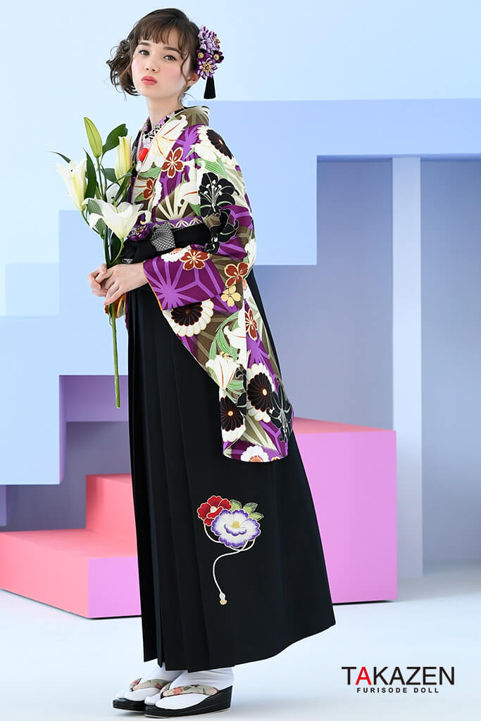 正統派古典 紫/黒/グリーン(緑色) 百合柄 人気 大人っぽい袴ネット