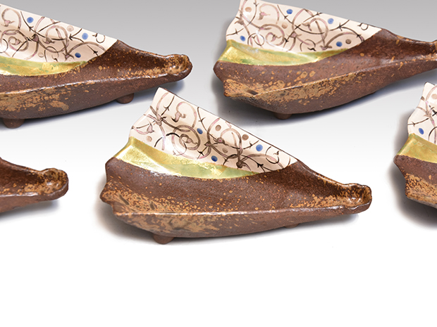 中村梅山 象嵌色絵扇面向付 5客 共箱 | 古美術ささき