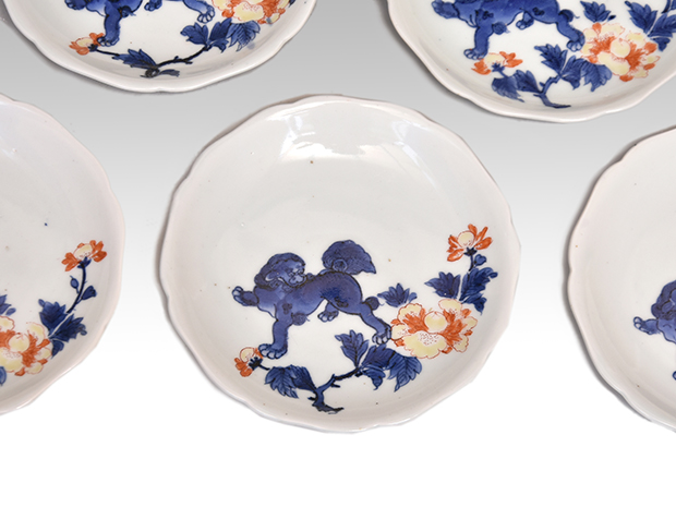 古伊万里（古九谷様式）色絵唐獅子牡丹文小皿5枚 時代箱 江戸時代中期