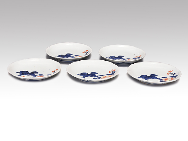 古伊万里（古九谷様式）色絵唐獅子牡丹文小皿5枚 時代箱 江戸時代中期