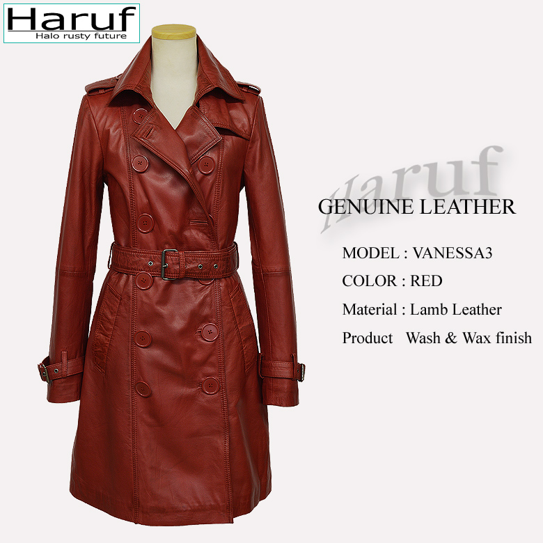 シンプルでおしゃれなレディースの本革ラムレザートレンチコートです