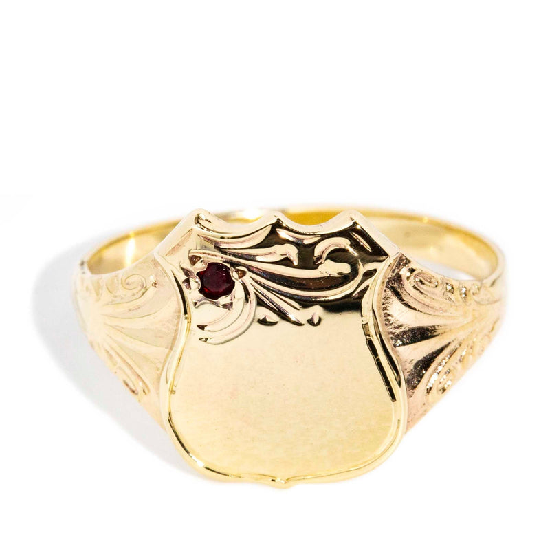 Vintage 1980s Garnet Patterned Shield Signet Ring 9 Carat Gold