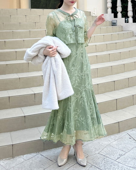 オケージョン】2Wayレースリボンブラウス＋キャミワンピース／セット