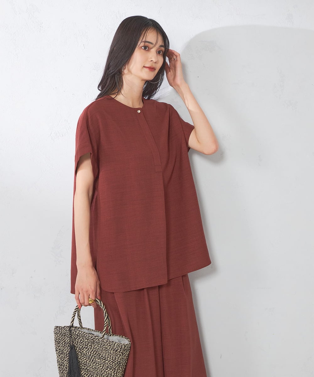 接触冷感/UVカット/イージーケア】麻調スキッパーブラウス(ブラウス