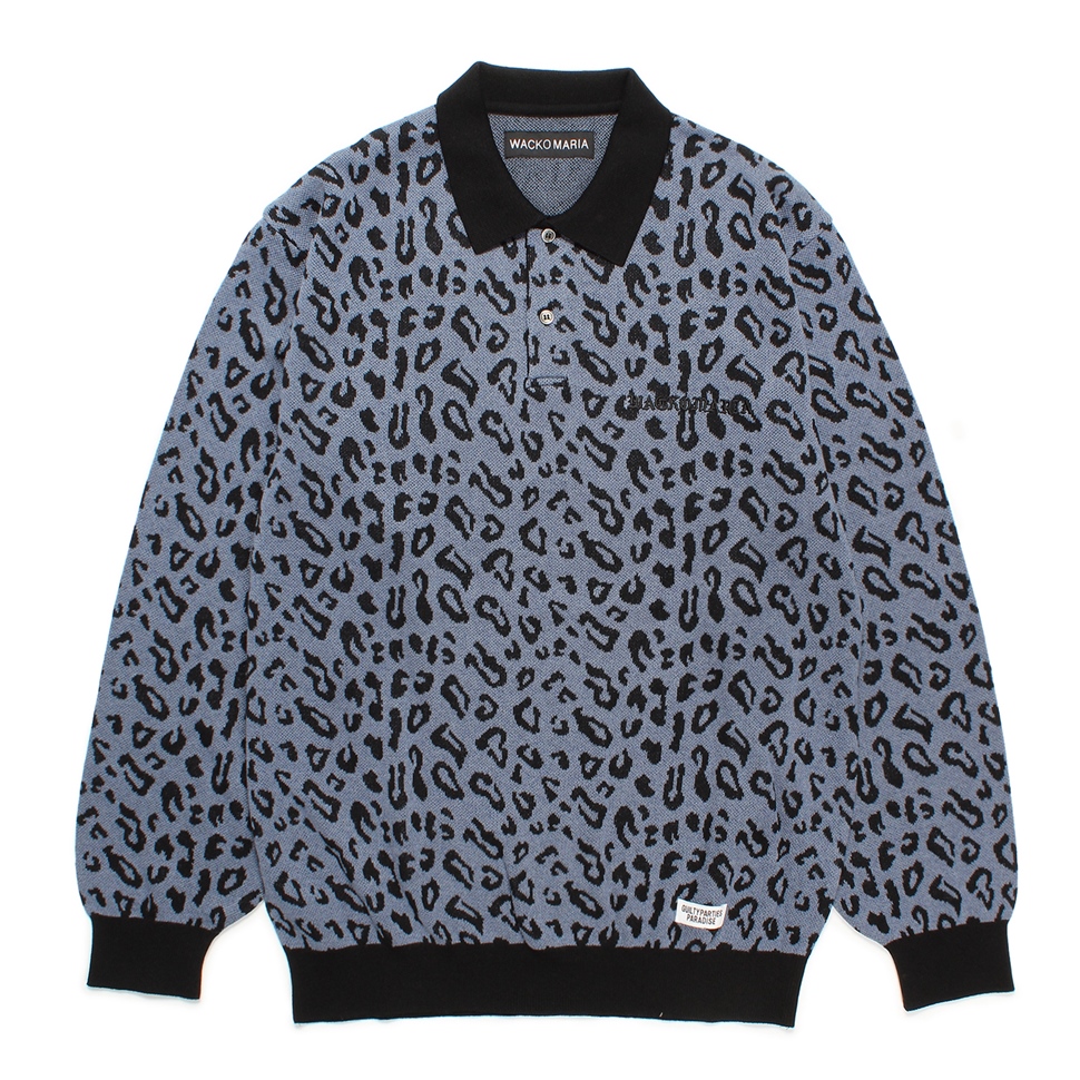 WACKO MARIA/LEOPARD JACQUARD KNIT POLO SHIRT（BLUE）［レオパード
