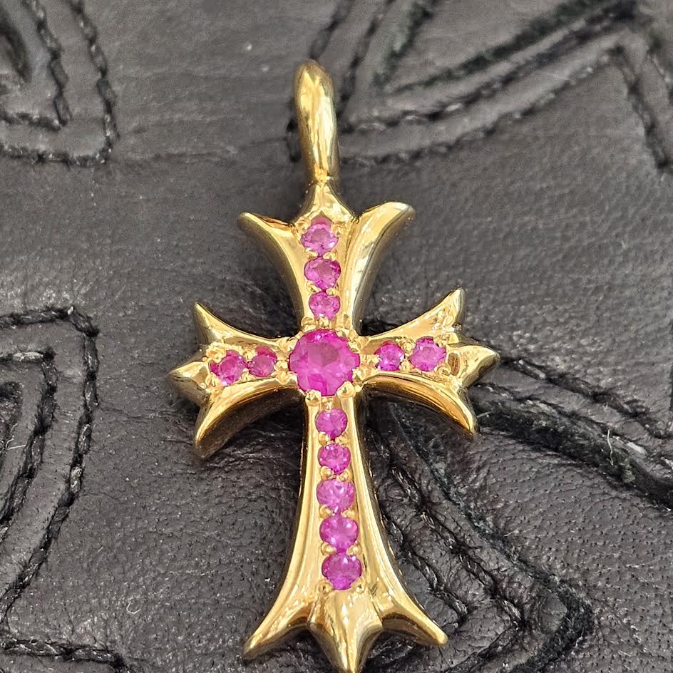 CHROME HEARTS 22K Tiny Fat Cross Pave Pink Sapphire Pendant Top