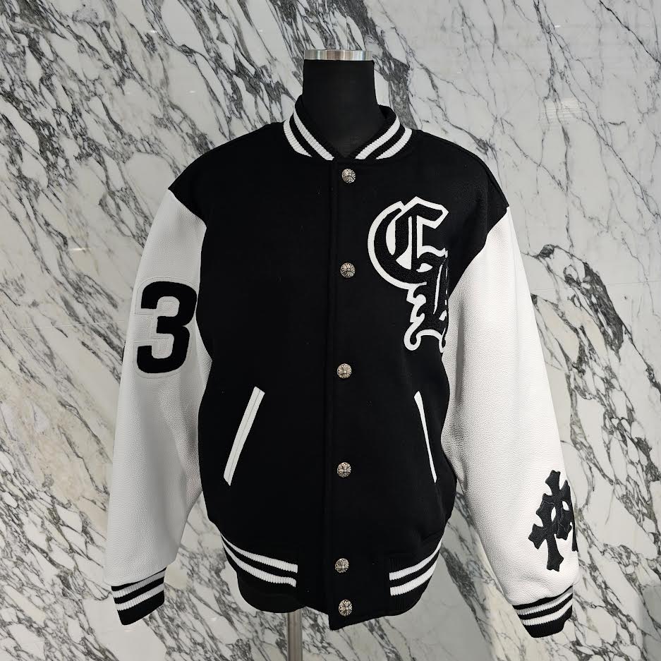 CHROME HEARTS CHICKEN 33 Cross Patch Leather Sleeve Varcity Jacket