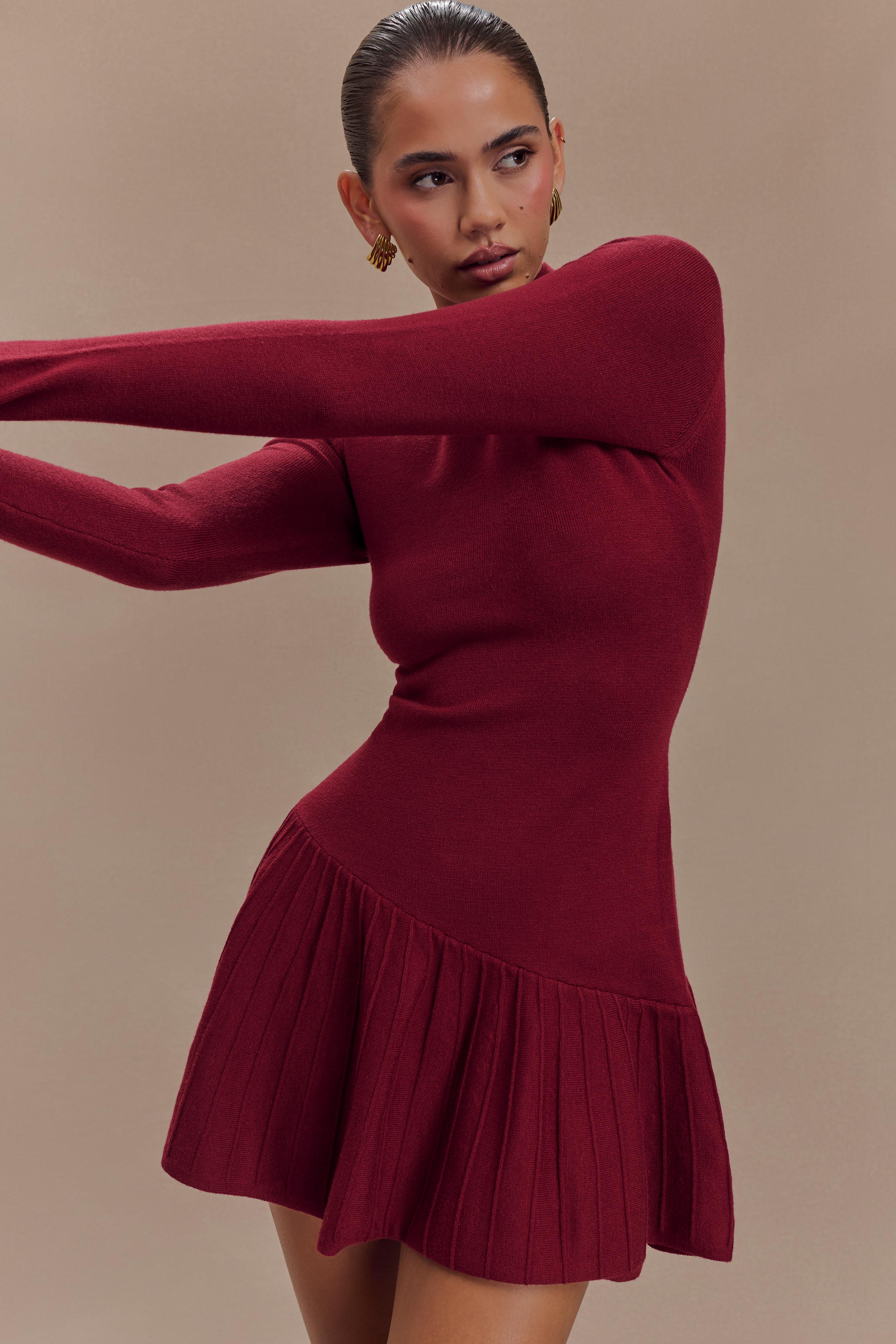 Blair Knit Mini Dress With Pleats - Merlot | MESHKI US