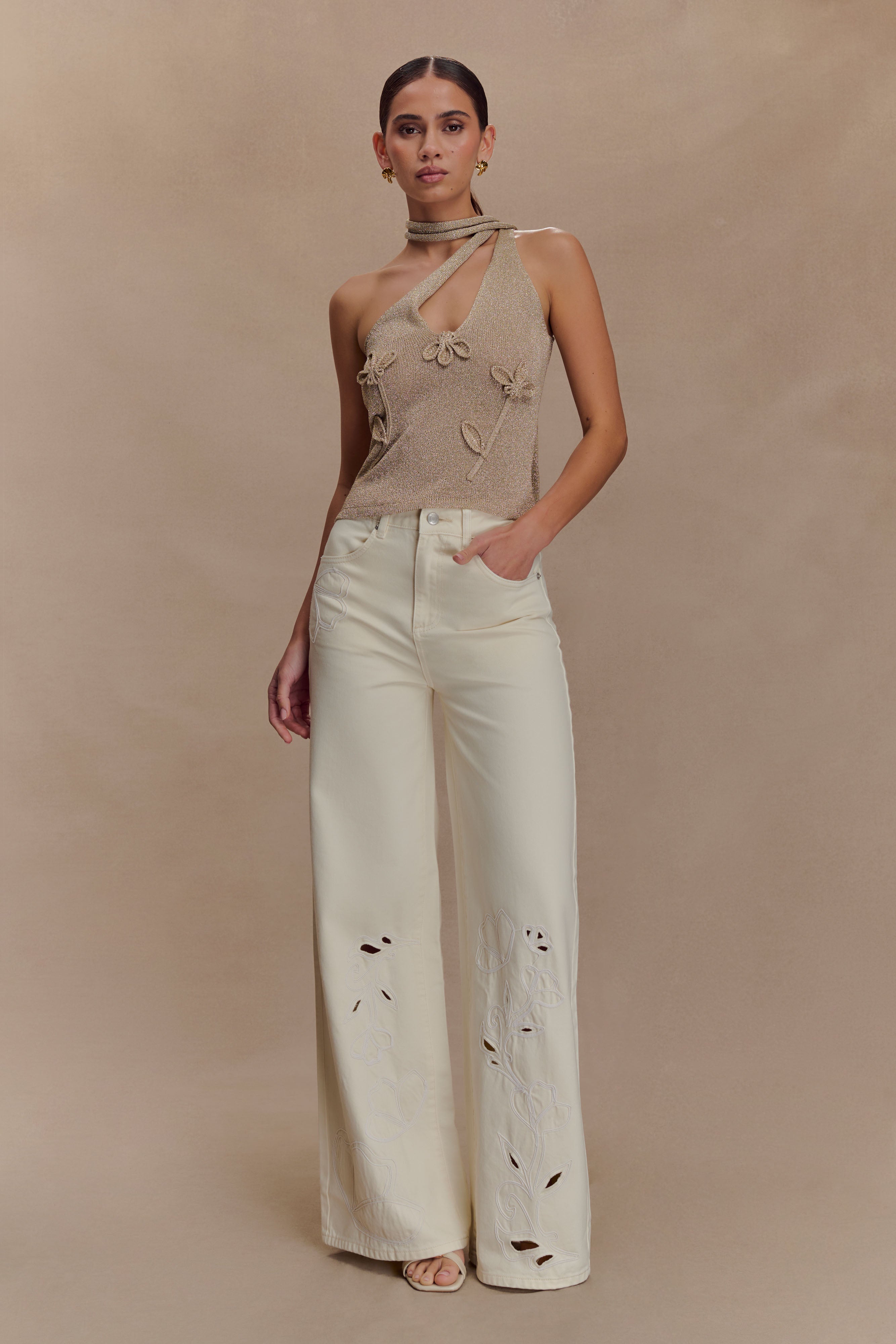 Leone One Shoulder Metallic Knit Top - Gold | MESHKI US