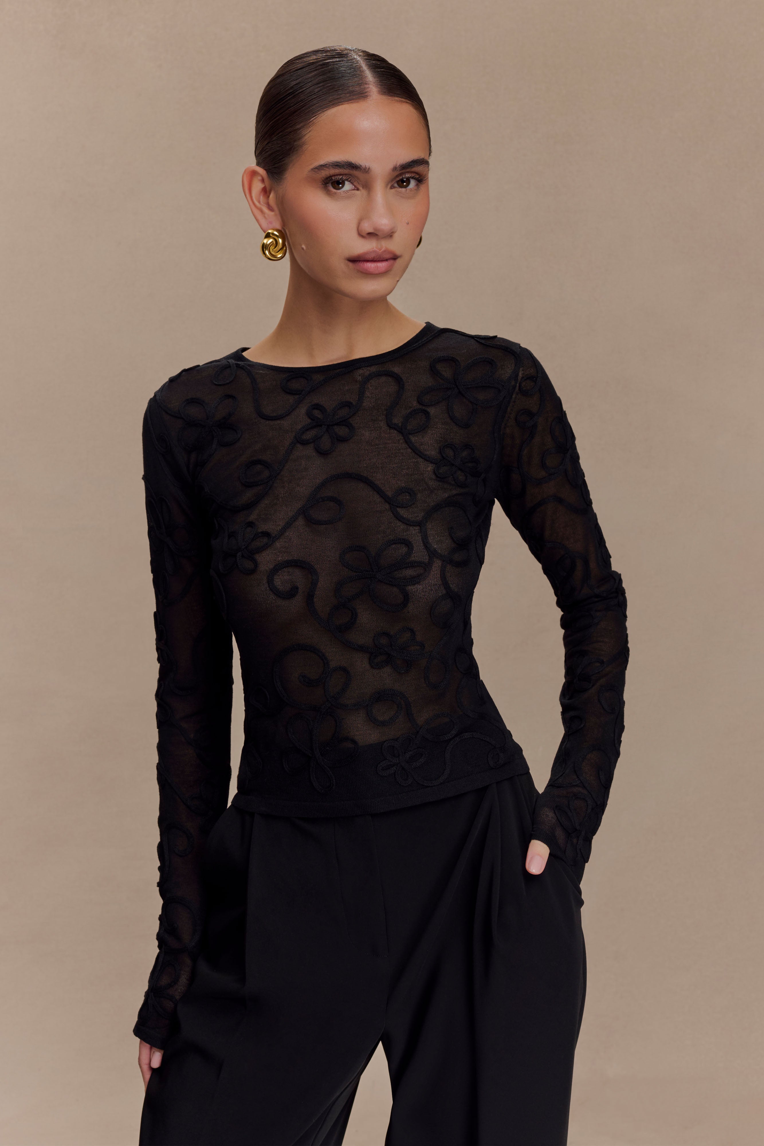 Omari Embroidery Long Sleeve Knit Top - Black | MESHKI US