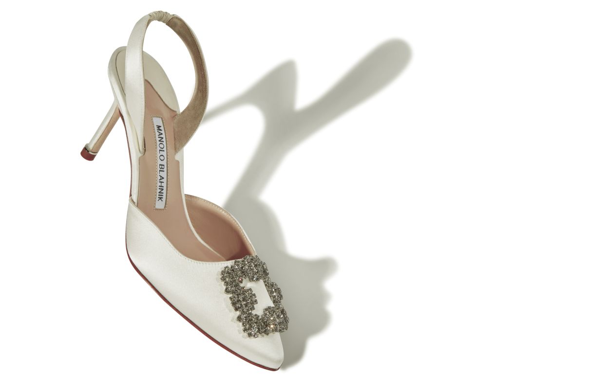 HANGISLI | White Satin Jewel Buckle Slingback Pumps | Manolo Blahnik