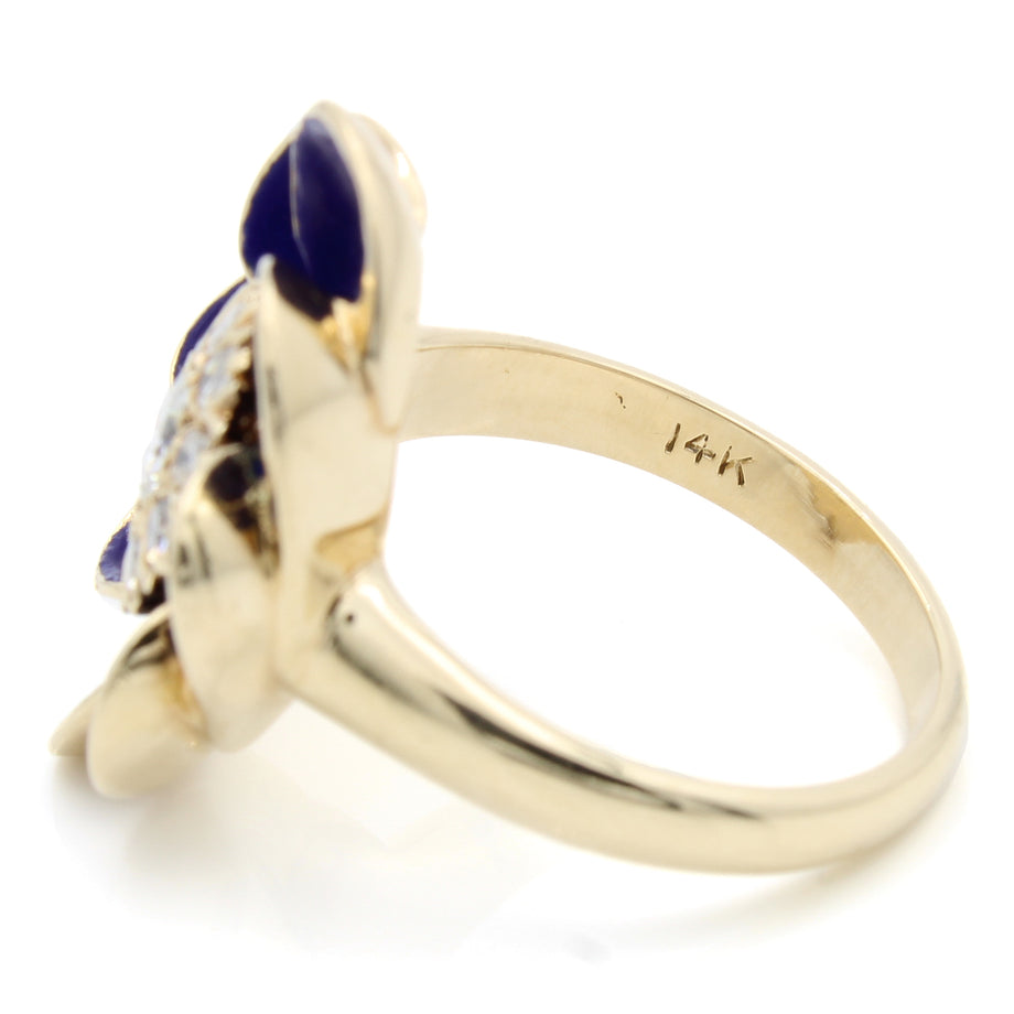 14k Yellow Gold Diamond .42 Total CTW & Blue Enamel Flower Size 6