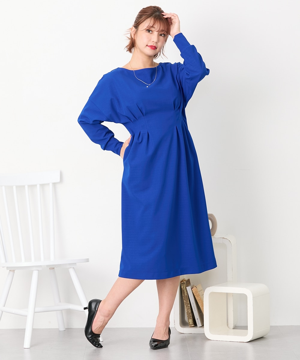大きい胸専用】ウエストタック長袖ドルマンワンピース（ポケット付