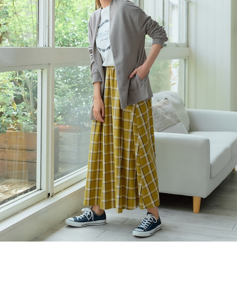 大きいサイズ 素材感あふれるチェック柄ロングスカート（ゆったり