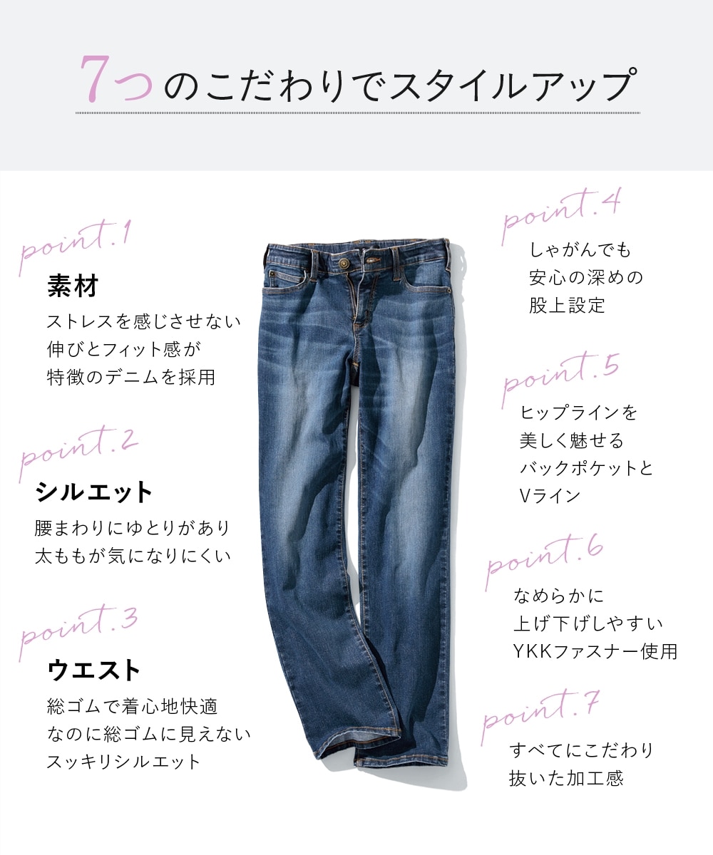 すごのびストレッチデニムストレートパンツ（ゆったり太もも）（選べる