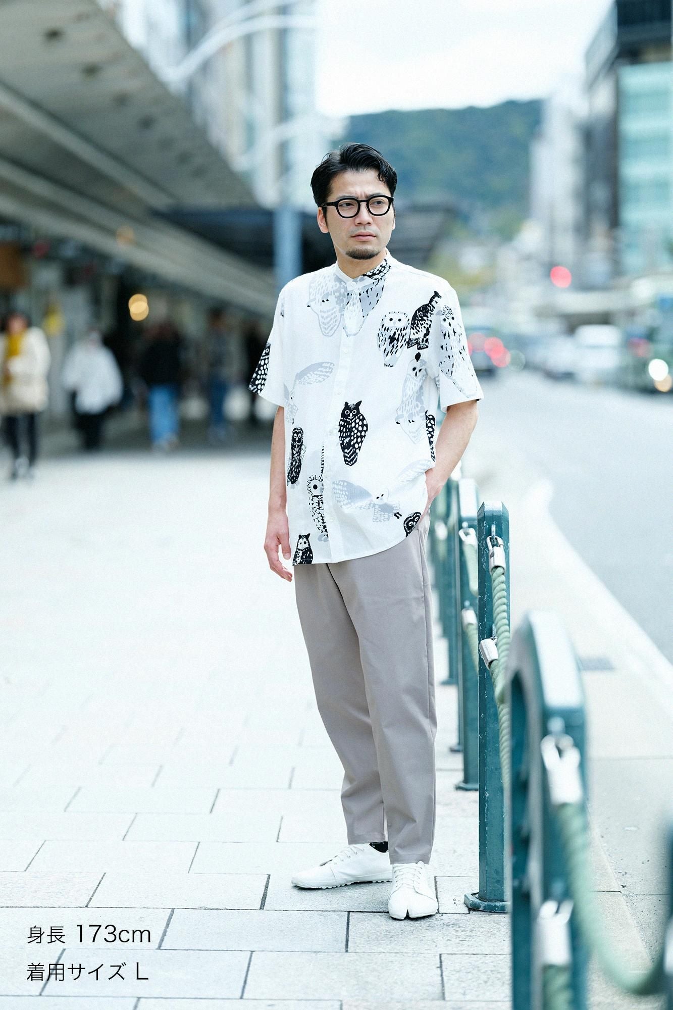 高島縮 20/20 スタンドカラー半袖シャツ SP／ふくろう