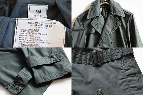 70s 米軍 U.S.ARMY トレンチコート グリーン 36R☆レインコート